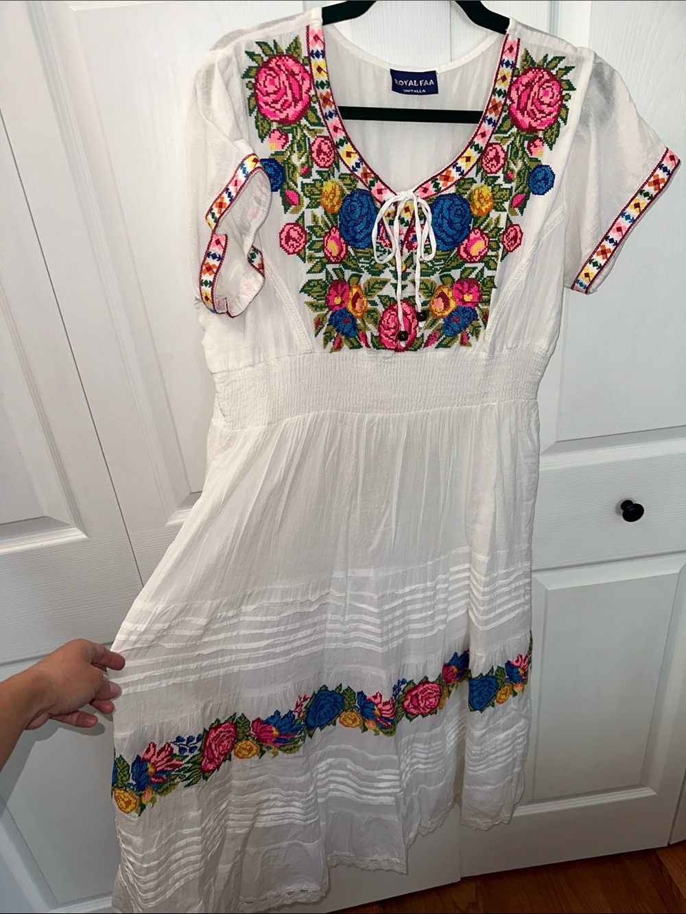 White Hand Embroidered Floral Midi Dress